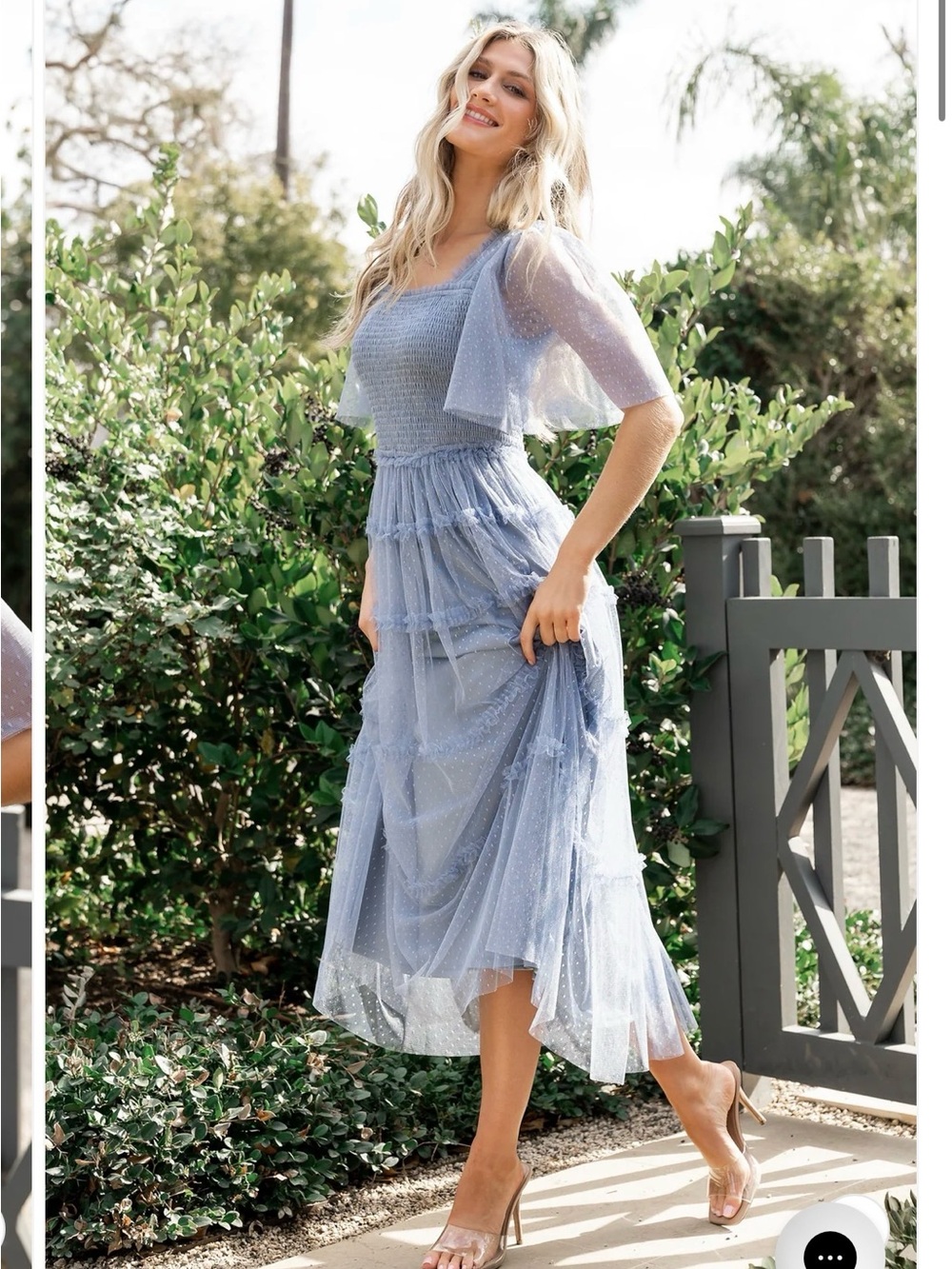 Baltic Born Powder Blue Smocked Midi Dress with Sheer Tiered Skirt